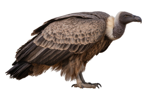 Large brown vulture with grey head and white neck feathers, isolated on transparent background