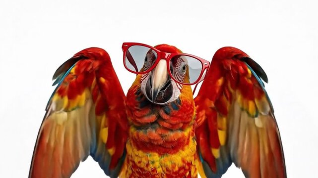 Colorful tropical parrot wearing red eyeglasses flapping its wings and looking directly at the camera, isolated on a white background. Funny animal concept representing intelligence, creativity, humor
