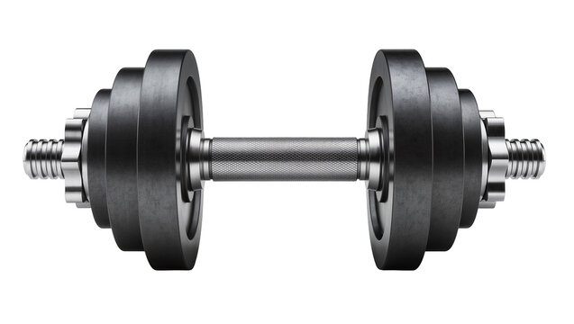 Adjustable dumbbell with textured grip and metal plates, isolated on transparent background