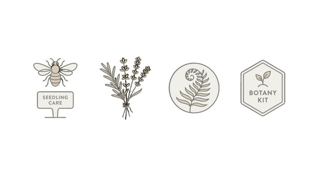 Neutral botany icon set with seedling care and plant emblems