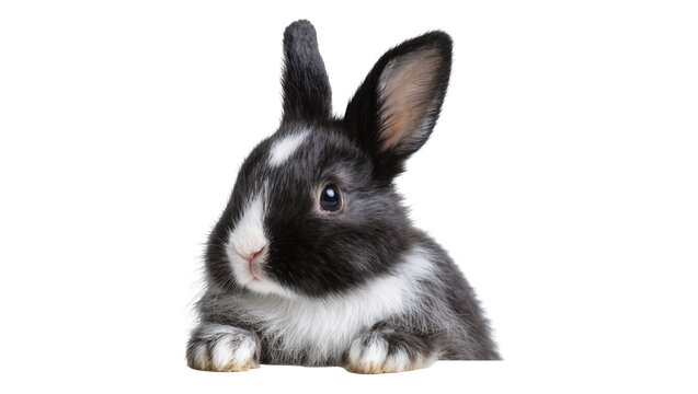 Small black and white bunny rabbit peeking over edge, isolated on transparent background