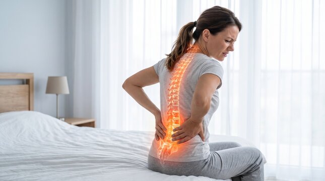 A young woman sitting on the edge of a bed grimacing in severe lower back pain, with a glowing red holographic overlay highlighting a damaged spine.