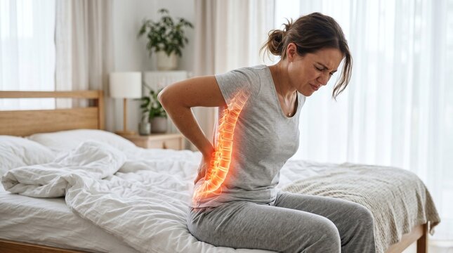 A young woman sitting on the edge of a bed grimacing in severe lower back pain, with a glowing red holographic overlay highlighting a damaged spine.