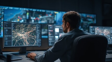 Fototapeta premium A man in a dark room surrounded by multiple computer screens displaying complex data and maps, likely a surveillance or control center