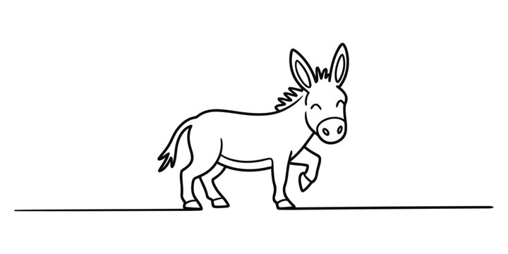 Cute happy donkey drawing in a simple black and white line art style