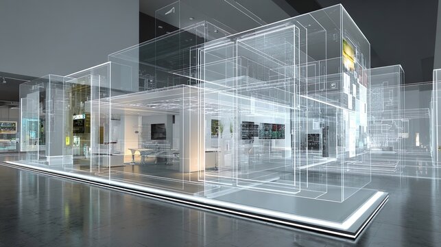 A 3D architectural rendering showcasing a modern exhibition booth with a transparent, wireframe design. The booth features clean lines, internal lighting, and display screens.