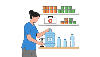 Fototapeta premium Woman in blue scrubs operating a water dispenser in a pantry background with medical supplies and shelves for healthcare facility concepts.
