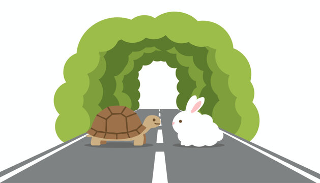 Rabbit and tortoise encounter each other on an asphalt road beneath a lush green archway tunnel, illustrating a classic fable scene about competition and determination.