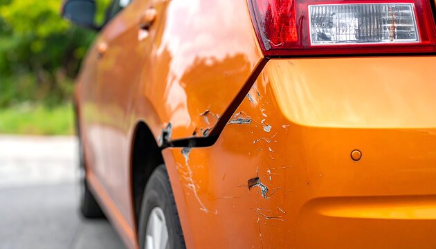 Damaged orange car's rear shows dents and scrapes after an accident, focusing on the damaged fender