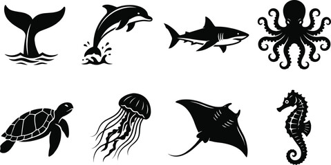 Set of eight sea animal vector silhouettes including whale dolphin shark octopus turtle jellyfish ray and seahorse icons © Manik