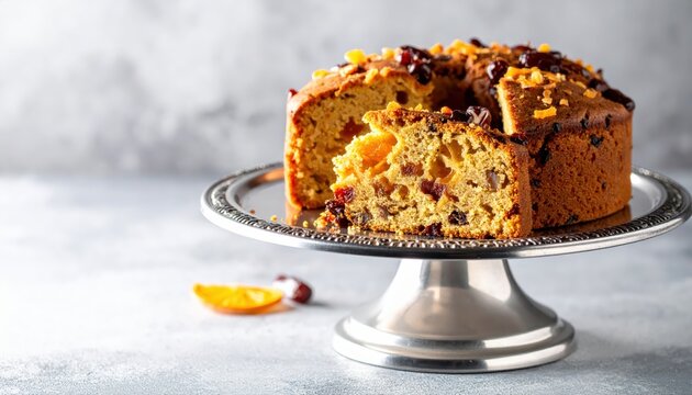 Decadent fruitcake slice displayed on a silver cake stand showcasing rich textures and candied fruit pieces.
