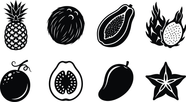 Set of minimalist tropical fruit icons featuring pineapple mango dragon fruit papaya and starfruit for organic food branding