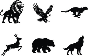 Set of six wild animal vector silhouettes featuring lion eagle cheetah deer bear and wolf icons © Manik
