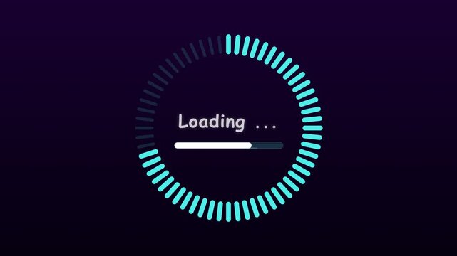 A loading animation with a circular progress bar and text appears on screen