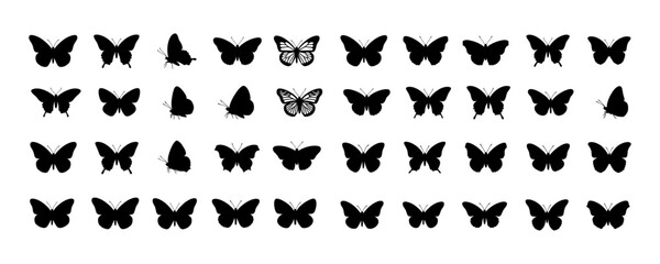 Fototapeta premium Butterfly Silhouettes Mega Collection with Beautiful Black Monarch and Decorative Flying Butterflies Shapes Set