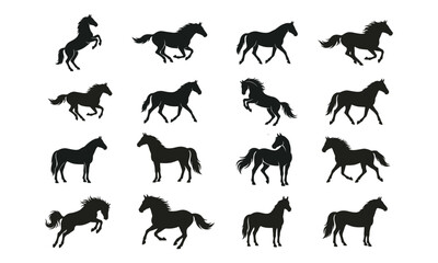 Fototapeta premium Horse Silhouettes Collection with Wild Stallion Mustang and Majestic Mare Poses Standing Running and Rearing Set