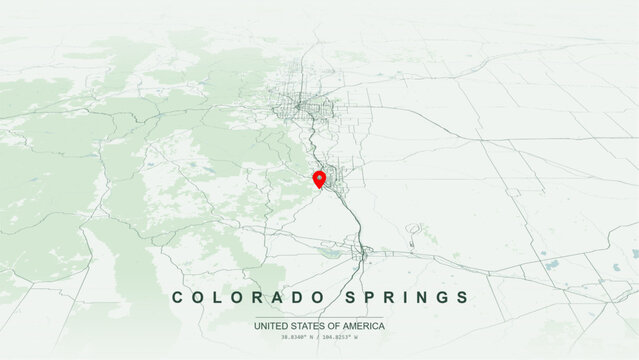 Minimalist vector map of Colorado Springs, Colorado, USA. High-quality scalable illustration of Colorado Springs city grid, Garden of the Gods park contours, Interstate 25 axis for posters design. 
