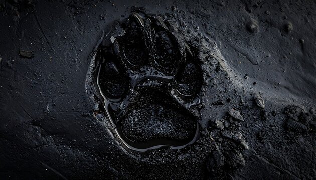 Dark, muddy paw print in slick black ground. Hints of detail visible in the print's center