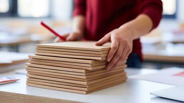 Person organizing stack of notebooks