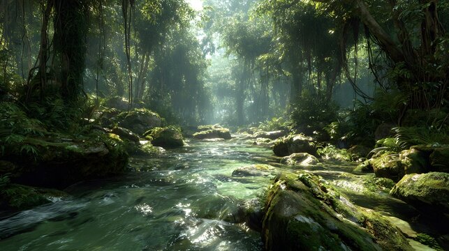 Shallow clear stream flowing over mossy stones in a dense tropical jungle with hanging vines