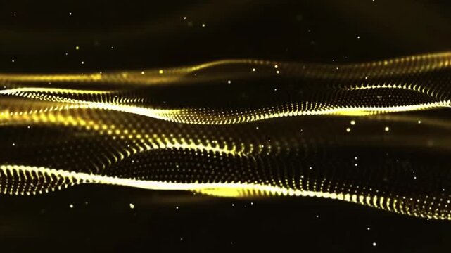 Glowing gold particles and gold particles wave animation background video. Abstract movement background, shining lights, energy waves and sparkling particles, capable of rotating.