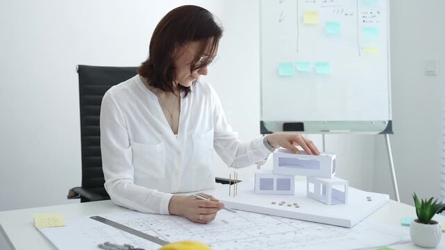 Woman architect creating architectural model, designing housing project, developing urban planning, working on blueprints, constructing new buildings, shaping future cities