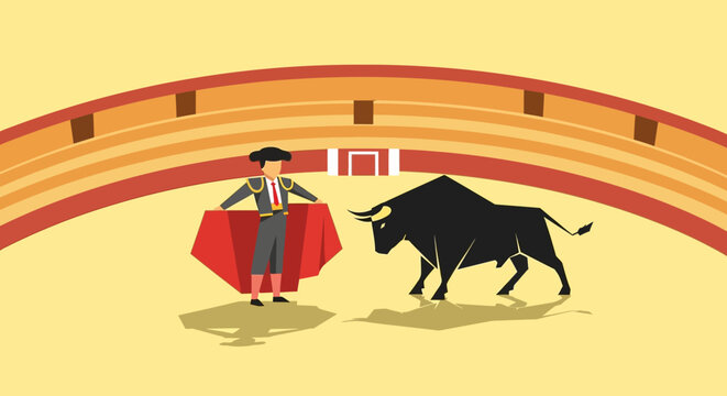 Man with red cape and bull.