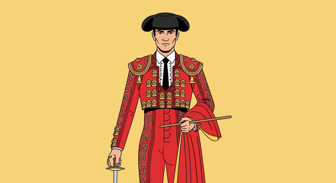 Man in red matador costume standing.