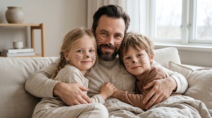 Obraz premium Loving father with painted cat whiskers on face hugging his little son and daughter on comfortable couch