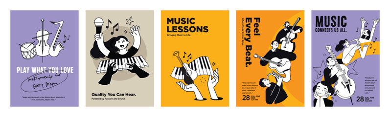 Music poster templates. Set of vector illustrations for music school, instrument store, music festivals, clubs and live performances. © PureSolution