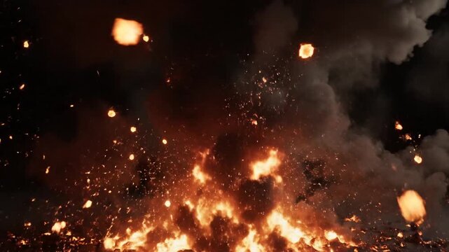 Dramatic fire flames, burning embers, smoke at night, blazing inferno, fiery sparks