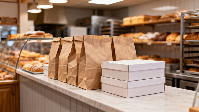 Local small business scene featuring paper bags unbranded boxes bakery inde