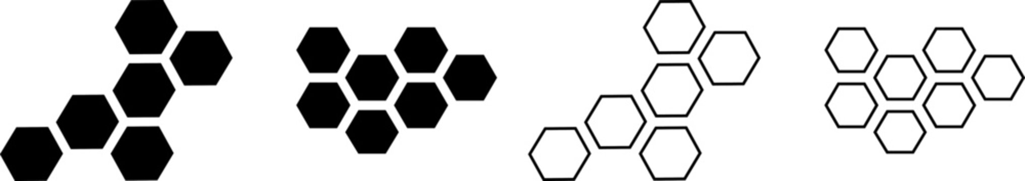 Set of honeycomb patterns with solid black and outlined hexagonal cells