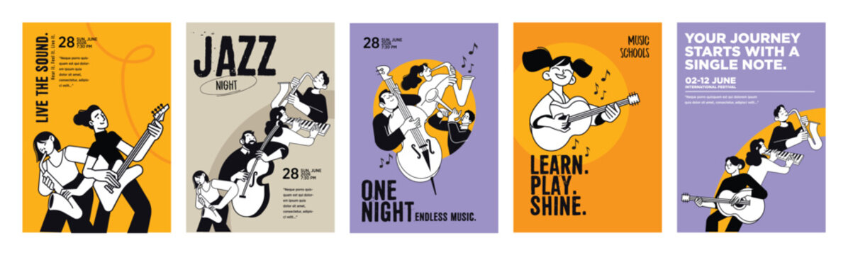 Music poster templates. Set of vector illustrations for music school, music festival, jazz club and live performances.