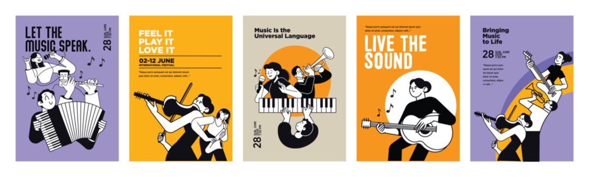 Music poster templates. Set of vector illustrations for music festivals, clubs and live performances.