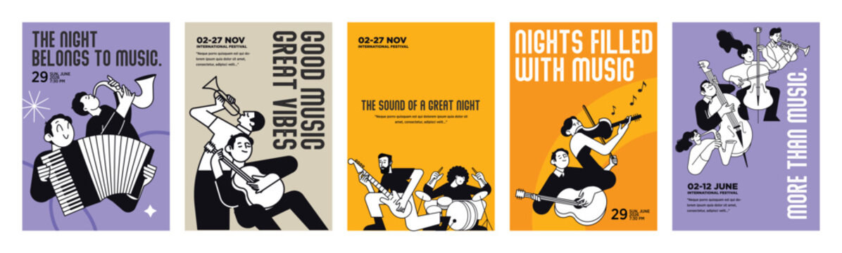 Music poster templates. Set of vector illustrations for music festivals, clubs and live performances.