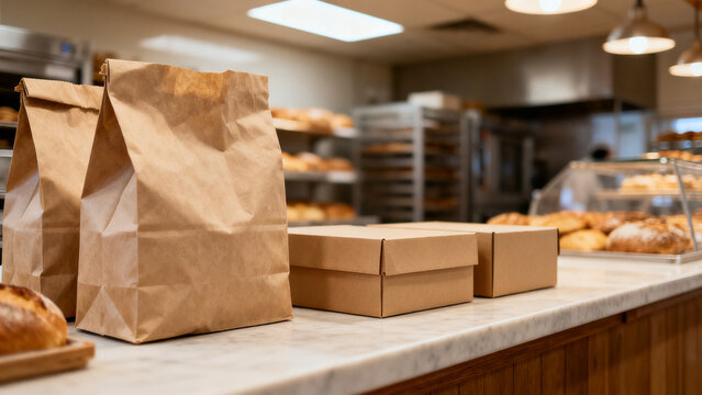 Local small business scene featuring paper bags unbranded boxes bakery inde