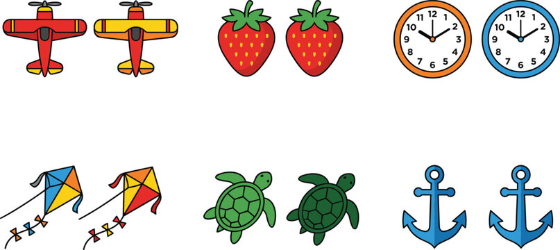 Vector Icon Set Featuring Vintage Propeller Airplanes, Fresh Red Strawberries, Round Wall Clocks, Colorful Flying Kites, Green Sea Turtles, and Blue Nautical Anchors