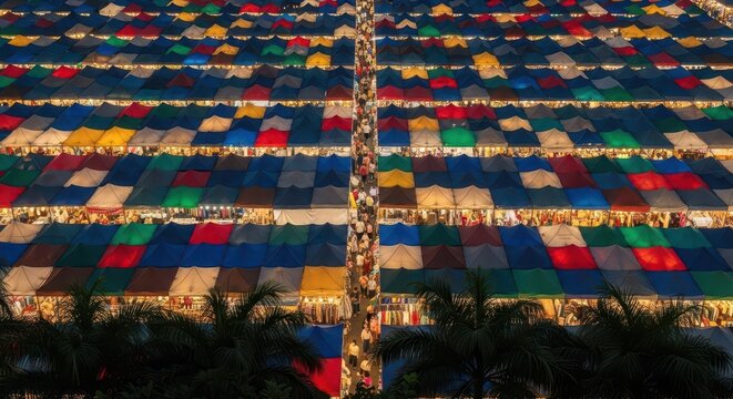 Aerial View of Vibrant Night Market with Colorful Tents and Crowded Walkway in Bangkok Thailand
