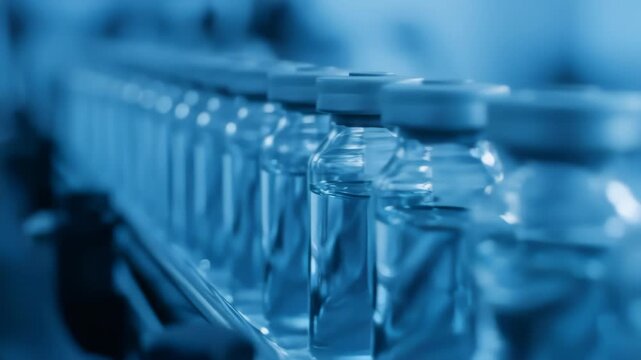 Rows of clear glass vials with liquid move on a smooth production line