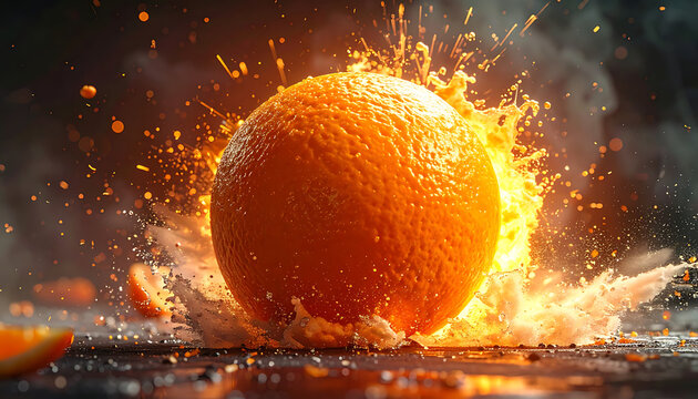 Exploding orange with bright citrus splash and mist, dynamic action shot on dark background, high energy, fresh food concept