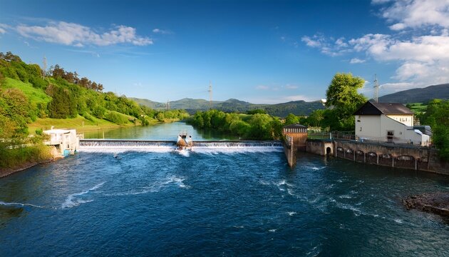 a river transformed into a source of hydroelectric energy with a small dam generating power for nearby homes