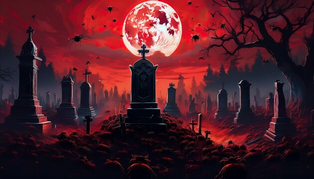 a gothic cemetery overrun by black beetles crawling over ancient gravestones under a blood red moon