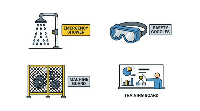 Industrial safety equipment icons with machine guard and shower