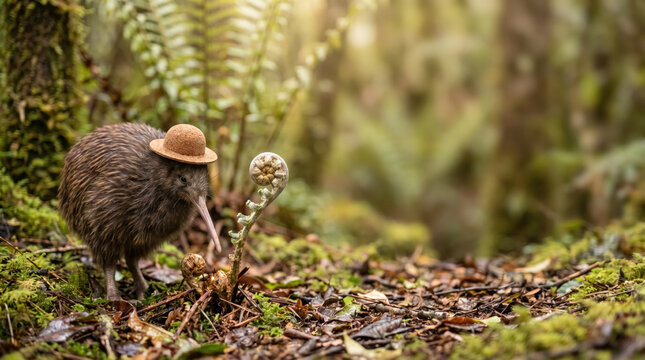 Cute kiwi bird wearing small hat standing near koru fern in lush green forest, wildlife conservation and eco exploration concept. 