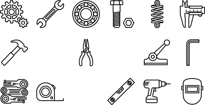 Mechanical Hardware and Industrial Repair Tools Icon Set Featuring Gears Wrench Bearing Screw Nut Hammer Pliers Drill and Welding Mask Line Vectors