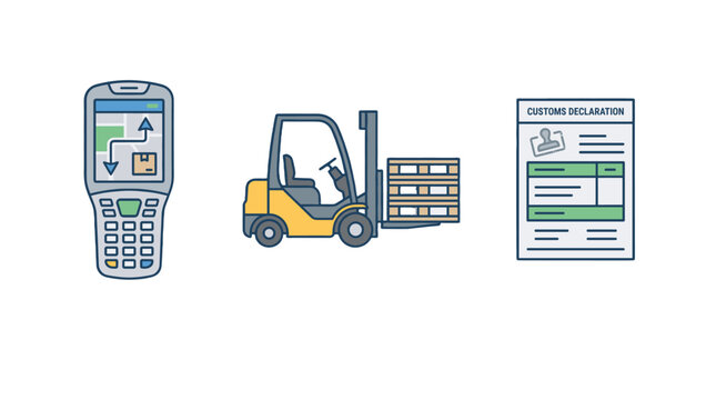 Logistics icon set with scanner forklift pallet and document