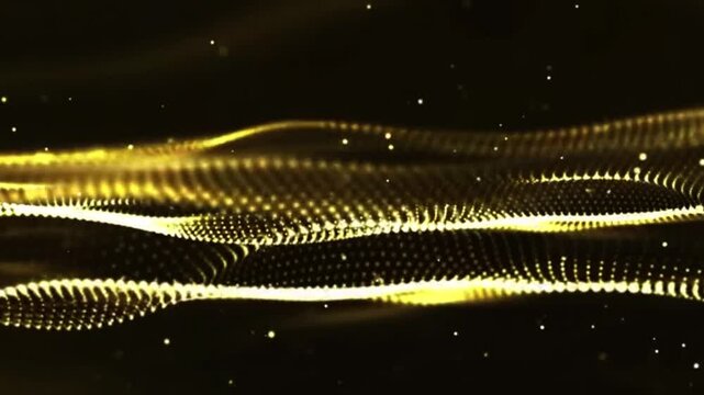 Glowing gold particles and gold particles wave animation background video. Abstract movement background, shining lights, energy waves and sparkling particles, capable of rotating.