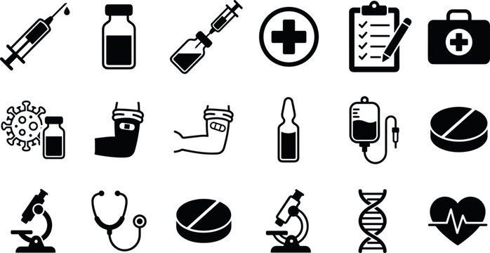 Medical and Healthcare Silhouette Icon Set Featuring Syringe Vaccine Vial First Aid Kit Microscope DNA Strand Stethoscope and Lab Treatment Solid Vectors