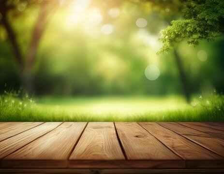 wooden table for picinic green nature grass and trees bokeh background generative ai